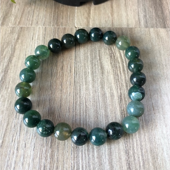 Moss Agate Natural Stone Beads Stretchable Bracelet 7" - 8mm Beads Best Gift - Picture 2 of 2